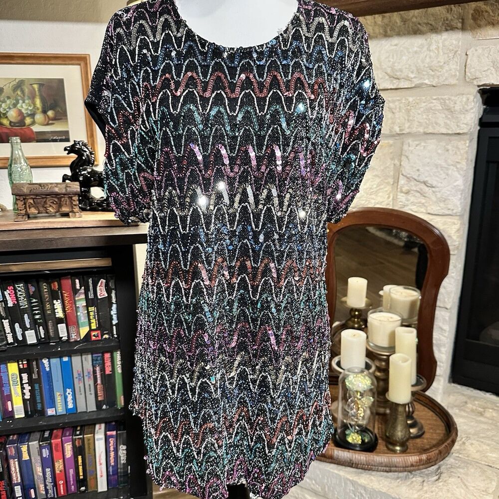 Vintage Roaman's Sequin Tunic blouse 80s disco party Dolman Sleeve Medium